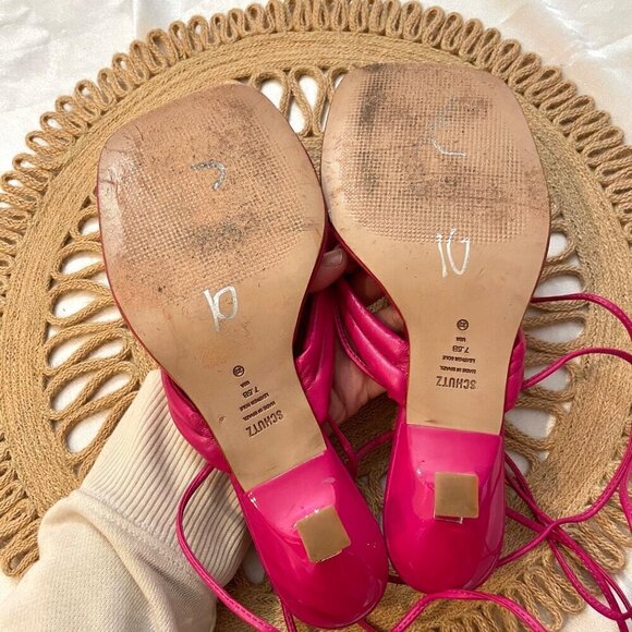 Schutz S-Meghan Mid Hot Pink Translucent Strap Ankle Lace Up Heel Sandals 7.5 - Picture 6 of 11